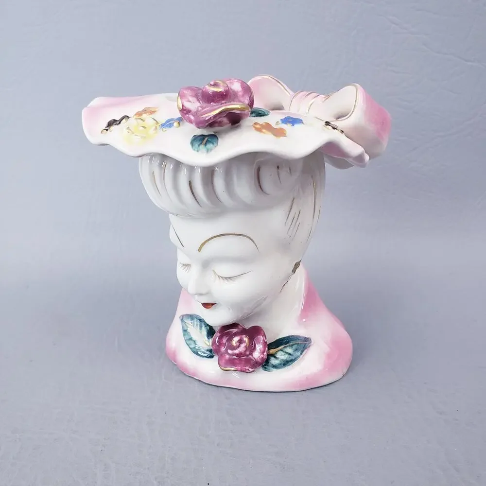 Vintage Lady Head Vase Pink Hat Dress Purple Roses White Hair Made in Japan